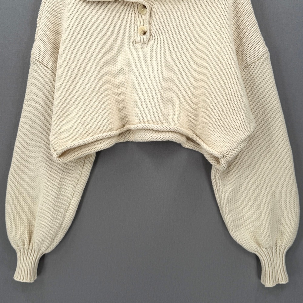 ZARA Cropped Polo Sweater Women Small Cream Relaxed Balloon Sleeve Casual Collar - Picture 8 of 15